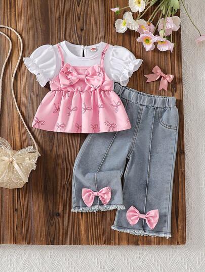 Conjunto casual de moda para niña, elegante camisa 2 en 1 con lazo y pantalón vaquero con borlas.