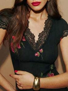 Women Elegant Floral Print Long Dress - Black - View 1