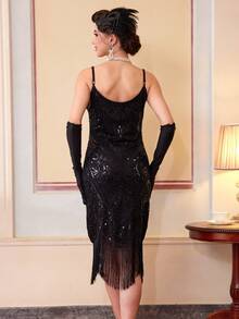 1920s Fringe Sequin Flapper Dress Set - Black - View 9