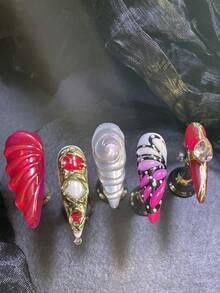 10片装手工全覆盖尖头亚克力美甲套装，情人节美甲套装，红色猫眼&白色&粉色多色扎染风格，3D立体美甲水钻配件，彩色闪亮美甲宝石，手绘金属花朵&蝴蝶翅膀&几何图案美甲，Y2K风格图案，适合女性日常佩戴，也适合派对佩戴（内含：一块果冻胶和一条摩擦条）美甲用品 - 彩色 - 查看 5