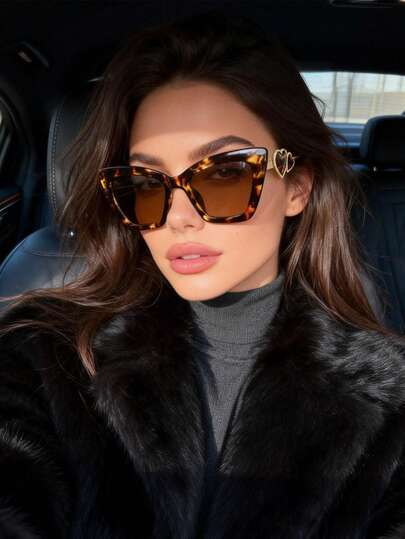 1pc Large Frame Cat Eye Fashion Glasses For Women, Decorative Heart Shaped Fashion Eyewear