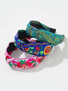 3件組復古打結髮箍，刺繡花卉印花髮帶髮箍，居家美妝髮飾，適合假期、節慶、派對 - 彩色 - 查看 4
