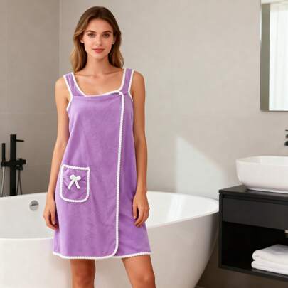 Adult Wearable Towel Bathrobe - Coral Pink Plush Quick Drying Bathrobe With Bow, Pocket, Soft Coral Velvet Friendly, Thick Full Body Coverage, Luxury Spa And Beach Towels, Bathroom Accessories