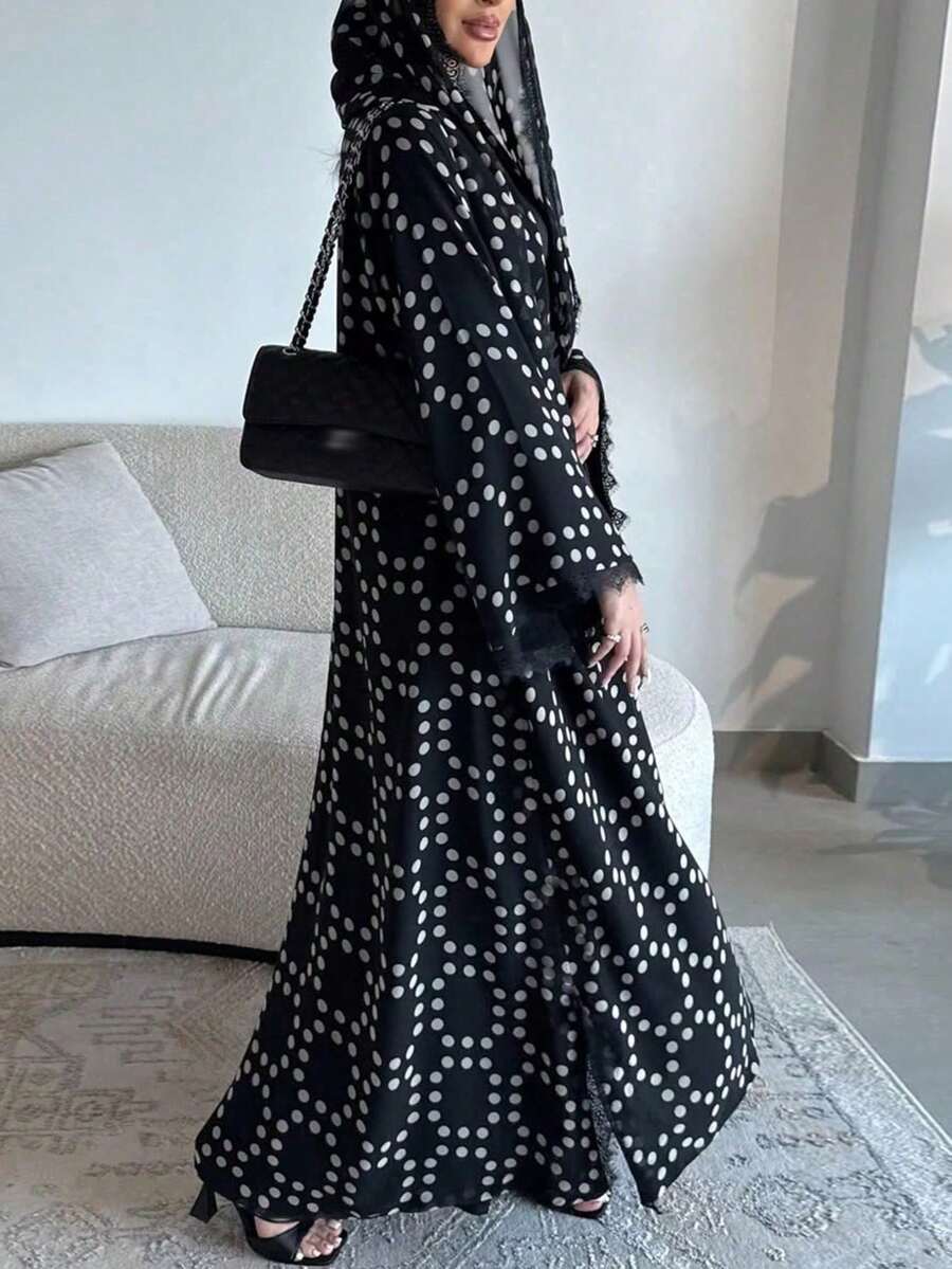 Women's New Polka Dot Chiffon Cardigan Abaya With Headscarf, Lace Patchwork Fashion Long Robe