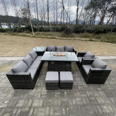  Fimous 10 Seater Outdoor Rattan Garden Furniture Gas Fire Pit Table Dining Set Gas Heater Lounge Chairs Small Footstools Dark Grey