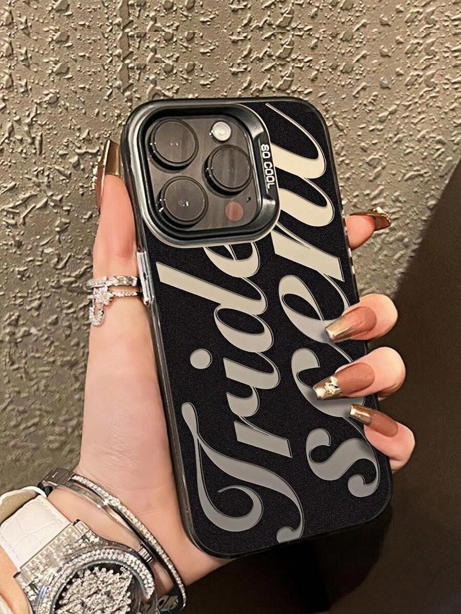 1个时尚黑色线条字母美学设计全覆盖IMD手机壳，兼容 17、16、15、14、13、12、11 Pro Max、X、XR、XS Max、8、7 Plus，带防震磨砂后盖 - 彩色 - 查看 1