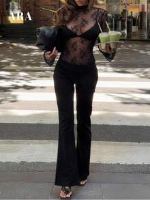 ARA CHIC Women's Black Sexy Elastic Lace Long Sleeve Top, Fashion Stand Collar Floral Sheer Pattern Elegant Layered T-Shirt, 2026 Spring Summer Resort & Date Outfit - Black - View 3