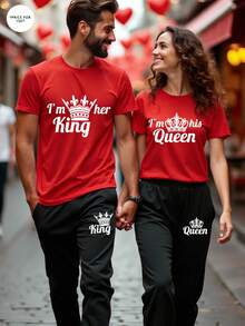 男士休闲街头风T恤和运动裤套装（情侣款，心形皇冠印花T恤和运动裤），春夏款（2件套） - 彩色 - 查看 12