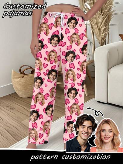 Customized Women's Facial & Pet Print Pajama Pants, Comfortable Home Wear, Holiday Gift For Friends