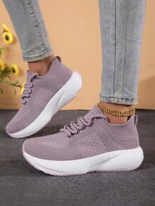女士时尚运动鞋，系带设计，女士健身平底休闲跑步网面鞋 - 藕粉色 - 查看 7