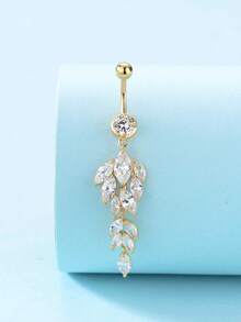 Minimalist Leaf Belly Button Ring With Long Zirconia Dangle (1pc) - Gold - View 4