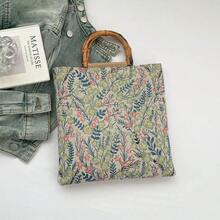 小众设计竹编结手提包，女士校园午餐包，新款花卉图案通勤包，旅行包 - 彩色 - 查看 3