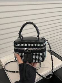 轻便迷你链条肩带绗缝水桶包，适合青少年、大学生和职业女性，是办公室、学校、工作、通勤、户外活动和旅行的理想之选，饰有水钻，质感面料。 - 黑色 - 查看 6