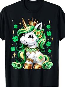 St. Patrick's Day Unicorn Graphic T-Shirt - Black Shirt With Green Unicorn, Crown & Clovers - Loose Fit Crew Neck Cotton Tee For Unisex & Unisex - Irish Party Outfit, Birthday Or Everyday Apparel - Cute Magical Creature Gift For Adults - Black - View 1