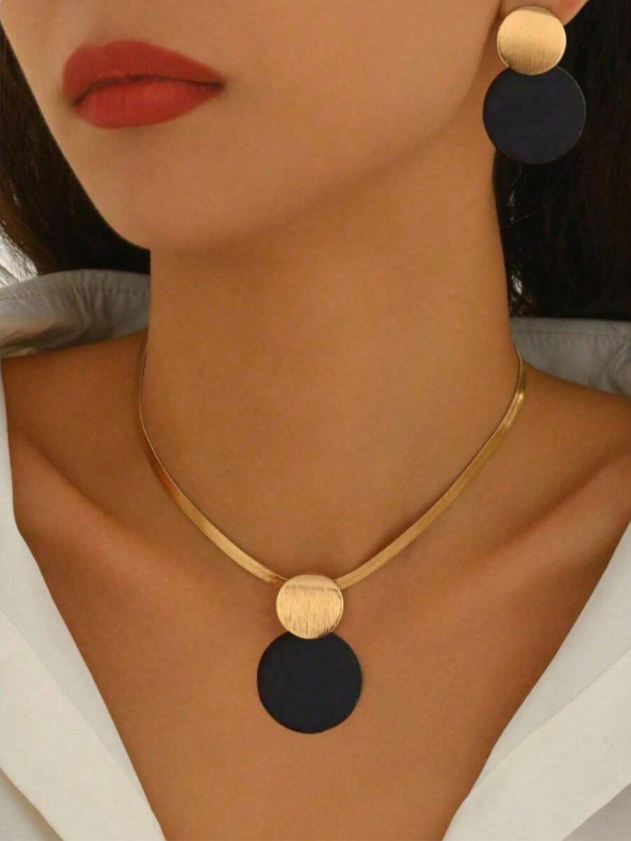 3件套优雅简约几何欧式风格项链耳环首饰套装 - 彩色 - 查看 1