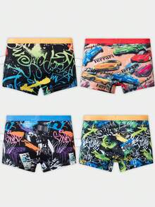 4pcs/Pack Tween Boy Boxer Briefs, Colorful Striped & Car Graphic Comfortable Growing Underwear Set - Multicolor - View 2