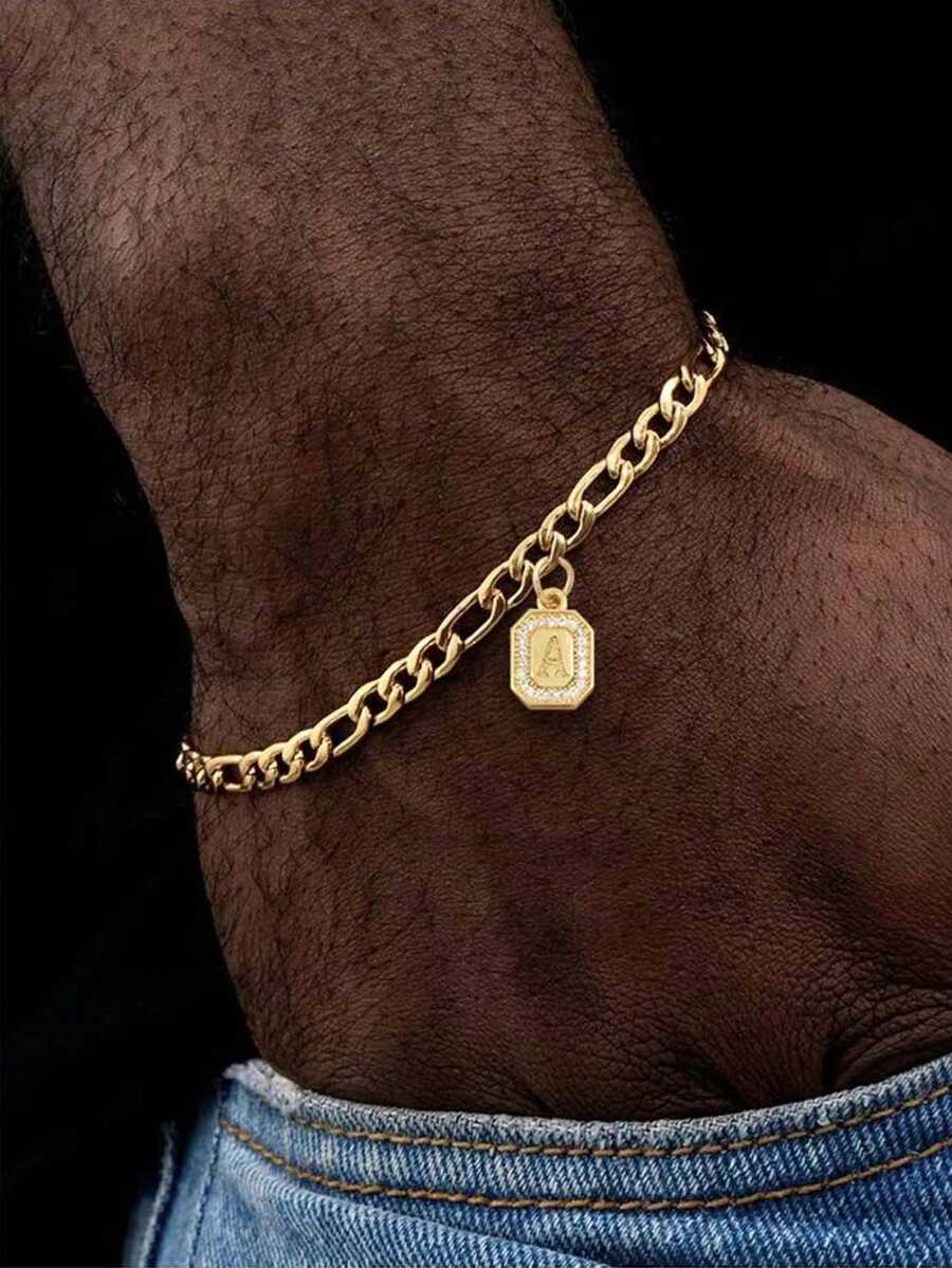 1pc Men's Stainless Steel Pendant Bracelet, Stainless Steel Punk Hip Hop Style Jewelry, Birthday/Father's Day Gift - Gold - View 1