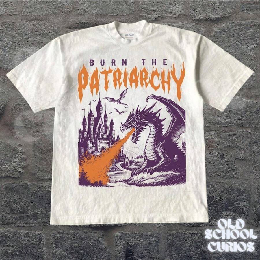 Vintage 90s Feminism Dragon Shirt, Burn The Pa Triarchy Dragon Tee, Funny Fem Inist Protest T Shirt, 9 - White - View 1