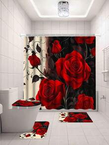 1/3/4 Pcs Red Rose Pattern Bathroom Set, Waterproof Knitted Polyester Curtain With Grommets, Machine Washable, Artistic Theme, Includes Toilet Lid Cover And Bath Mat, 72x72 Inches, With 12 Hooks - Multicolor - View 19