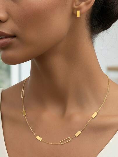 Bộ dây chuyền mặt dây chuyền hình chữ nhật rỗng dành cho nữ và bông tai, bạc nguyên chất/mạ vàng, món quà trang sức thanh lịch cho Giáng sinh, Ngày Valentine, Ngày của Mẹ, Kỷ niệm, Sinh nhật, dành cho người yêu, mẹ, bạn gái, vợ.