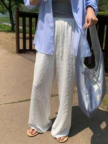 Y2K Style Women's White Straight Jacquard Casual Pants, Suitable For Daily Casual And Work Commute, Wear In Spring - White - View 8