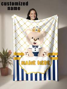 1pc Crown & Teddy Bear Theme Blanket, Customizable With Personal Name, Fresh & Soft Style - Machine Washable, Polyester Fabric, All-Season & All-Weather Use, Modern Digital Printed Multi-Purpose Blanket For Sofa, Bed, Car, Tea Room, Bedroom, Bathroom, Living Room, Dining Room, Office, Etc. - Multicolor - View 17