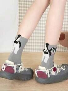 1/4 双趣味男士袜子，猫狗铃铛图案，卡通图案，个性时尚袜子 - 彩色 - 查看 4