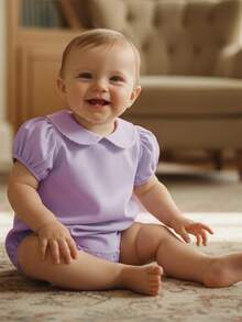 Baby Boy Girl Bubble Romper Infant Short Sleeve Collar Romper Oversize T-Shirt Cotton Bodysuit Top - 紫色 - 查看 3