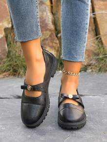 2026 Spring New French Bow Shallow Mary Jane Shoes Women, Black Chunky Heel Flats, Loafers - Black - View 2