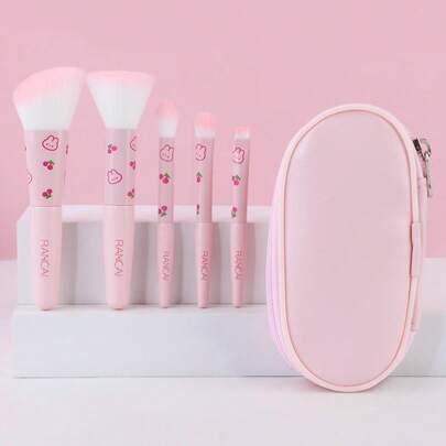 5pcs Makeup Brush Set With Pouch, Foundation, Eyeshadow, Blush Brushes, Cute Rabbit Pattern, Portable Travel Essentials