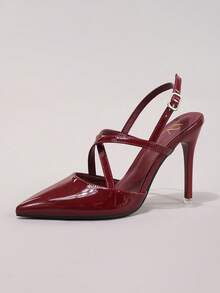 女士性感尖头高跟鞋，镂空超高跟派对鞋 - 酒紅色 - 查看 10