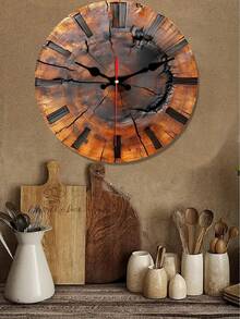 1pc 10"/12" 2D Flat Vintage Wooden Clock, Tree Ring Design - Round Wooden Wall Decor, Classic English Numerals, Perfect For Home Decor, Retro Style Wall Clock, Room Decoration - Multicolor - View 4