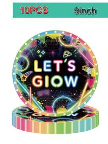 10pcs Glow Party Supplies Set, Including Disposable Paper Plates, Cups, Napkins, Suitable For Birthday, Baby Shower And Other Neon Theme Decorations - Multicolor - View 11