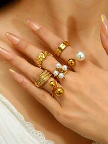 6pcs Elegant Stainless Steel Rings Set For Women, Featuring Faux Pearl & Geometric Elements, Suitable For Daily, Festival, Date, Engagement, Wedding, Gathering Occasions - Gold - View 1