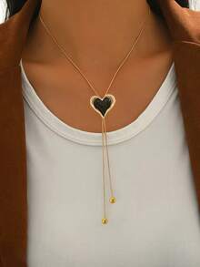 1pc New Minimalist Elegant Y-Shaped Necklace For Women, Fashion Personality Round Snake Chain, Geometric Textured Disc, Bicolor Heart Pendant, Tassel Long Sweater Chain, Versatile Metal Accessory For Daily Wear & Gift - Golden - View 5