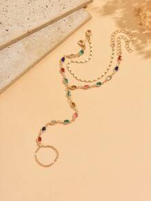 两件套优雅彩色水晶指链手链套装，休闲简约设计，可单独佩戴或叠戴，适合女性日常装饰、约会和拍照。手工链条长度随机裁剪，珠子数量和颜色随机。 - 彩色 - 查看 3