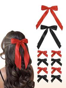 10pcs Ribbon Long Tail Double-Layer Bow Hair Clips, Mini Bow Hair Pins, Hair Ties For Girls, Valentine's Day Party, Black & Red - Multicolor - View 12