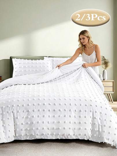 2/3Pcs Soft Fluffy Pom-Pom Polyester Duvet Cover Set, Breathable Bedding Set, Bed Sheet Set, Wrinkle-Resistant, All Sizes (1 Duvet Cover + 1/2 Pillowcases, No Filling), Suitable For All Seasons, Soft & Comfortable, Suitable For Home Bedroom, Hotel, Dorm Room (Boys/Girls), Oversized Duvet Cover Set For Room Decor, Travel And Dorm