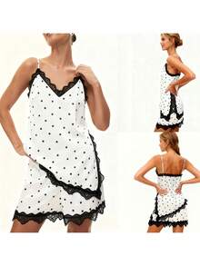 Women Summer Outfit Dot Print Lace Trim Spaghetti Strap Asymmetrical Tops And Shorts 2 Piece Casual Set - trắng - Xem 4
