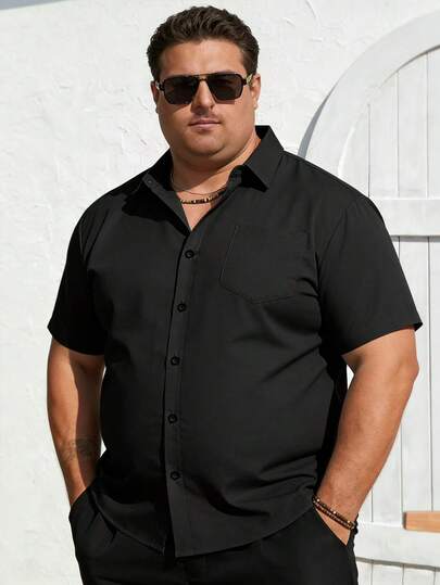 加大码男士短袖衬衫，夏季新款休闲经典纯色短袖衬衫，户外时尚黑色单口袋翻领宽松衬衫