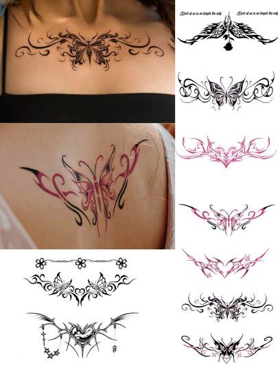 Sexy Succubus Chest Waist Abdomen Tattoo Stickers Butterfly Floral Rose Y2K Temporary Lower Back Bikini Fake Tattoos, DIY Carnival, Valentine's Day, Party Holiday Gifts, Suitable For Wrist, Ankle, Shoulder, Neck, Collarbone, Waterproof Tattoo Stickers