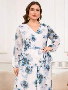 DEARCASE Plus Size Elegant Printed Lantern Sleeve A-Line Dress Vacation - Multicolor - View 5