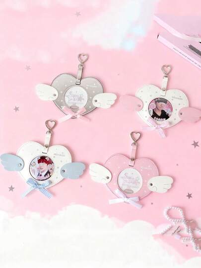 1pc Angel Wings Heart Shaped Acrylic Badge Holder, Student Card Case, Round Charm