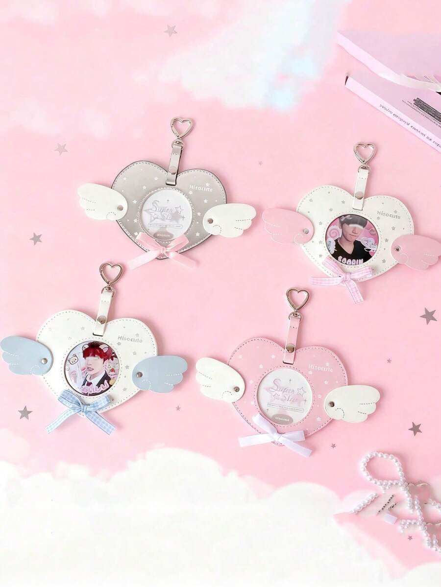 1pc Angel Wings Heart Shaped Acrylic Badge Holder, Student Card Case, Round Charm