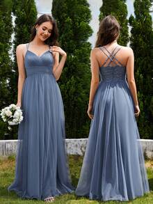 EVERPRETTY Đầm phù dâu màu xanh nhạt thanh lịch với phần lưng đan chéo, chất liệu ren và lưới, thích hợp cho đám cưới. - Màu xanh bụi bặm - Xem 7