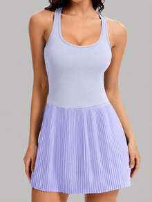 JoyGirl 女士无袖高尔夫连衣裙，带口袋、内置短裤和后拉链网球裙 - 淡紫色 - 查看 3