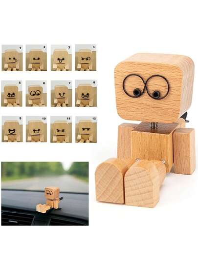 Wooden Shaking Man Figurine With 12 Magnetic Face Plates (1 Figure), Spring-Leg Dashboard & Desk Ornament, Cute Wooden Car Decor Gift