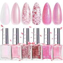Beetles Glitter Nail Polish Set, 6 Colors Pink Nail Polish Kit Shimmer Gold Nude Jelly Pink Reverie Quick Dry Fingernail Polish Gifts For Women Salon DIY Manicure Kit - ColorP - 查看 1