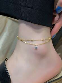 1pc Luxury Titanium Steel Double Layer Single Diamond Anklet, Fashionable Sparkling Anklet Jewelry, Suitable For Daily Wear And Beach Vacation - Gold - View 4