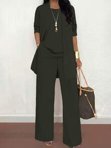 Bộ đồ nữ cỡ lớn 3 món màu trơn, kiểu dáng thường ngày: Áo khoác/áo cardigan + Áo không tay cổ tròn + Quần ống đứng cạp chun, chất liệu mềm mại, co giãn, dáng rộng, thoải mái khi đi làm, thích hợp cho mùa xuân/thu/đông và mùa hè thanh lịch. - Xám Xanh Lá Cây - Xem 1